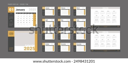 Set of 2025 Pages Monthly Calendar Planner Templates, Annuals 2025-2026, Cover with Place for Photo and Company Logo. Vector mockup of wall or desk calendar for printing. Week starting on Monday