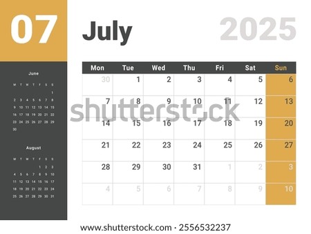 Template design of Monthly Calendar on July 2025. Vector layout grid of calendar with week start Monday with previous and next month dates. Page for size A4 -21x29.7 cm.