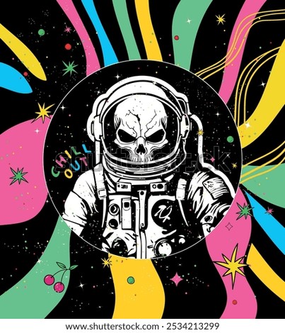 Dead astronaut skull in a space portal. Melting universe, colors, stars, planets, chill out concept art