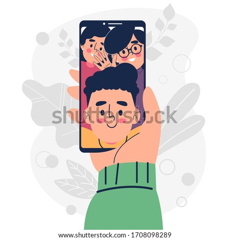 Hand holding smartphone app video call with friends vector illustration