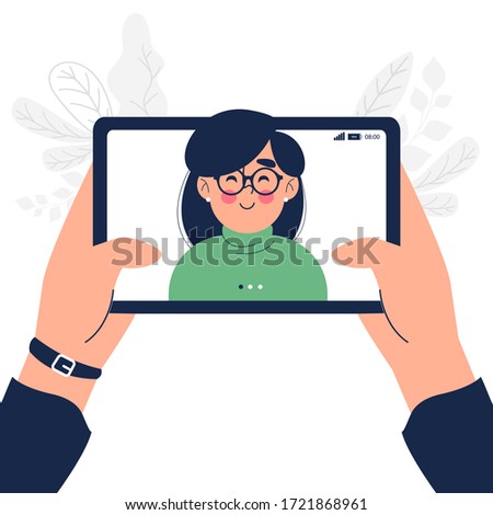 Close up of woman having video call on tablet pc vector illustration