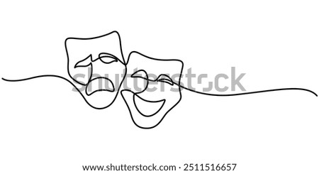 Theater mask one line drawing, opera event symbols continuous hand drawn, theater humor smile mask one line continuous line art, mask one line vector isolated design element