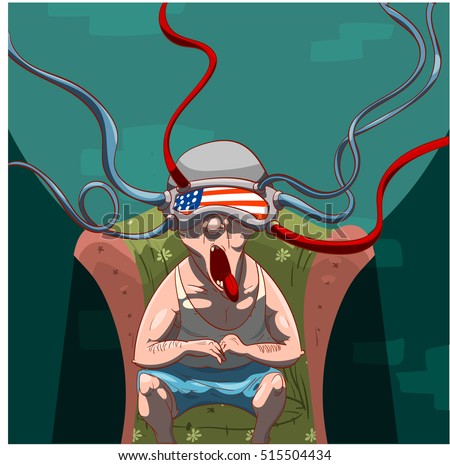 Colorful vector illustration of a man, brainwashed by propaganda with a virtual reality device on his head, watching social media