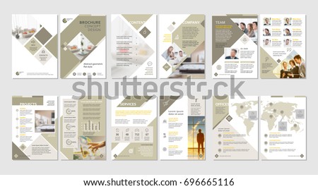 Brochure creative design. Multipurpose template with cover, back and inside pages. Vertical a4 format.