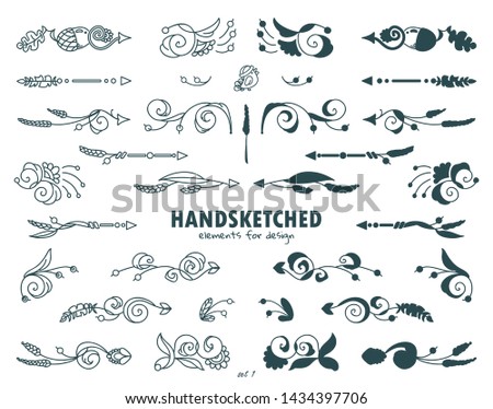 Vector set of calligraphic elements for design. Hand drawn cute arrows, indexes, dividers consist from beautiful vintage flowers, ear of wheat, leaves. Ornate and silhouette options 