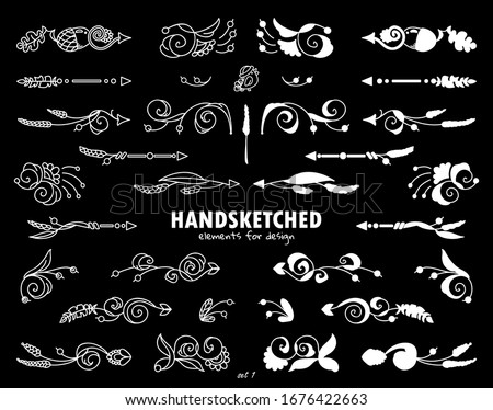 Vector set of calligraphic elements for design drawing in chalkboard style. Hand drawn cute arrows, indexes, dividers, flowers, ear of wheat elements. Ornate and silhouette options