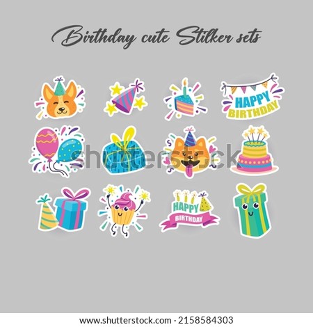 Happy birthday stickers with funny elements: ice cream, candy, coffee cup. Can be used for a birthday party, avatars, tags, cupcake toppers, and clothes. Happy birthday stickers vector design 商業照片 © 