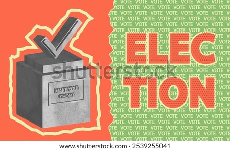 Trendy collage for election with monument of checkmark in bulletin, in retro style, calling to vote