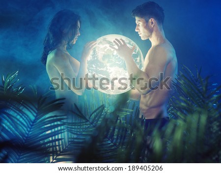 Romantic couple in the tropical jungle