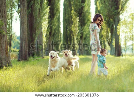 Similar – Image, Stock Photo Child with two dogs Pet