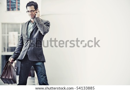 Similar – Image, Stock Photo Man in trendy outfit and sunglasses on blue background