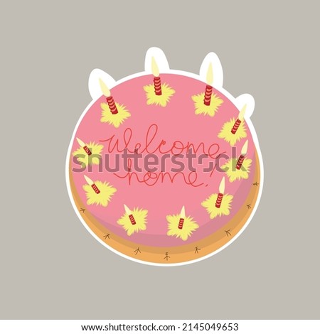 Coraline cute Welcome home pink cake with candles vector illustration 