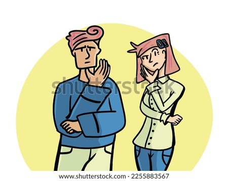 Vector drawing of a man and girl.They stand in thought, thinking, serious.In cartoon style, flat,doodle.There is a little yellow spot around them.On white background isolated.For topics about Business