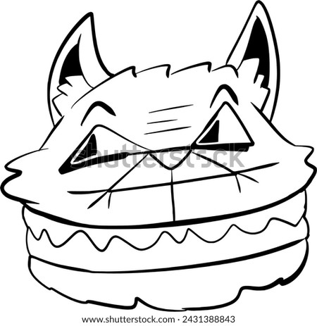 Hand drawn vector art of cat head with very big smile and triangle eyes, doodle, black and white in cartoon style, funny, silly
