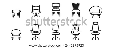 chair icon bundle, furniture, wooden chair, round sofa, office and gaming chair outline 