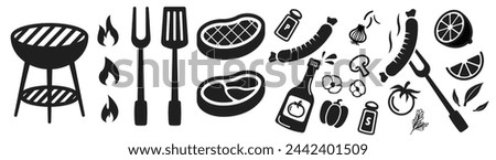 barbeque grill icon bundle, fire, bbq, barbecue meat, sausage fork party icon set