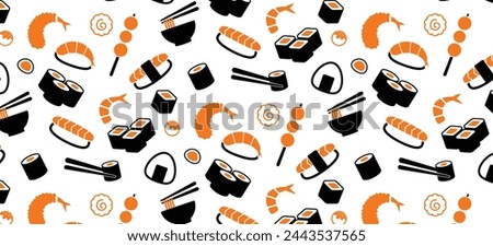 japanese food pattern, sushi sashimi ramen cute icon seamless pattern, repeat wallpaper background