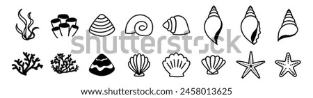 sea shell clamp starfish and coral reefs, beach animal icon cute outline