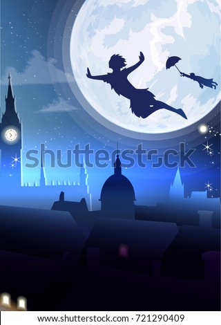 Silhouette little boy flying.Fullmoon night city background vector