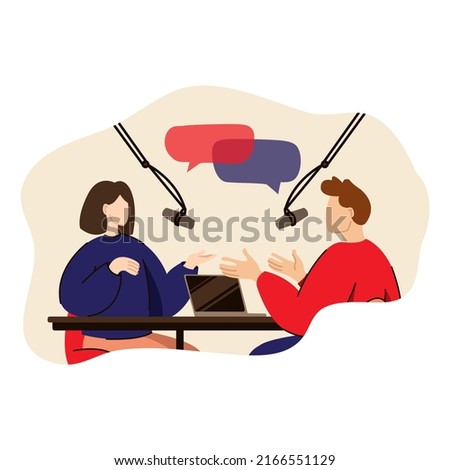 podcast concept. Vector illustration of two people talking in the studio with microphones creators speakers. Isolated on background