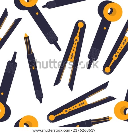 SEamless pattern with hairdryer, iron, and wavers for hairdresser salon, barbershop, or home usage. Electric barber tool for drying hair and hairdo isolated on background. Flat illustration 