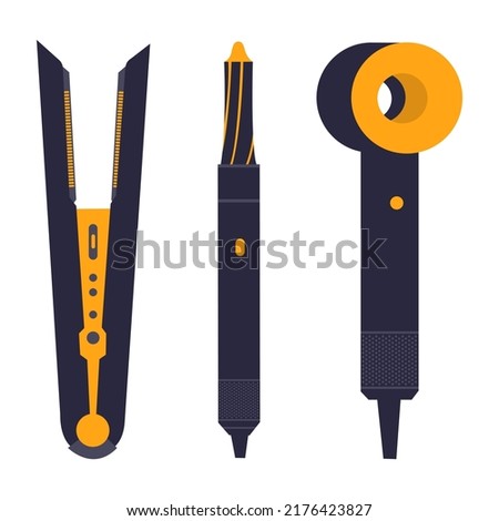 Set of hairdryer, iron, and wavers for hairdresser salon, barbershop, or home usage. Electric barber tool for drying hair and hairdo isolated on white background. Flat illustration