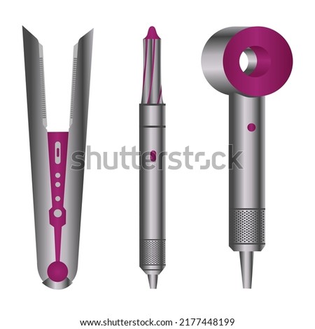 Realistic hairdryer, iron, and wavers for hairdresser salon, barbershop, or home usage. Electric barber tool for drying hair and hairdo isolated on white background. 3d illustration