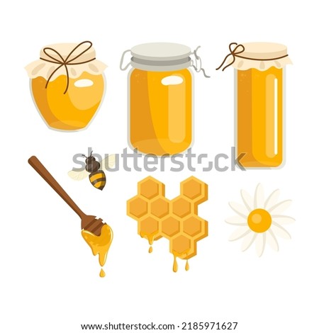 Honey beekeeping icon set with honeycomb, honeybee - bee insects, honey jar, drop, syrup toast. Flat vector illustrations isolated on white background. Organic food design concept