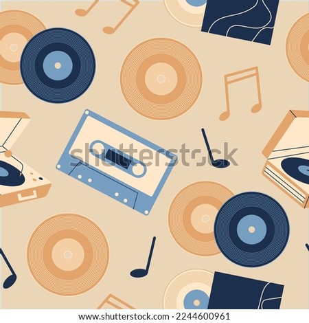 Seamless pattern with retro music players and cassette recorder, tape, jukebox, boombox. Set of vintage audio devices - turntable, vinyl record. Flat vector illustration isolated on yellow background