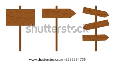 Wooden signs and pointers set. Vector cartoon wooden sign posts, signboard, banners and arrows. Collection of design elements. Simple flat illustration isolated on white background.