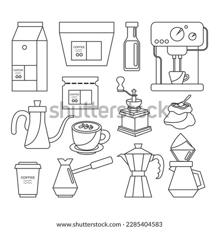 Alternative coffee brewing methods and tools. Set of coffee machine, geyser, utensils, filter, cup, kettle icon. Hand drawn isolated on background elements for cafe, menu, coffee shop in outline style