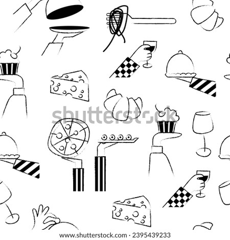 Seamless pattern with hand drawn elements doodles resturant. Italian French food set. Party catering cooking concept. Vector illustration modern style isolated on white background.