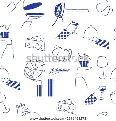 Seamless pattern with hand drawn elements doodles resturant. Italian French food set. Party catering cooking concept. Vector illustration modern style isolated on white background.