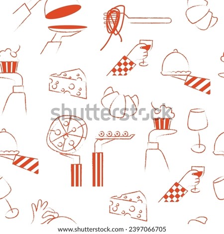 Seamless pattern with hand drawn elements doodles resturant. Italian French food set. Party catering cooking concept. Vector illustration modern style isolated on white background.