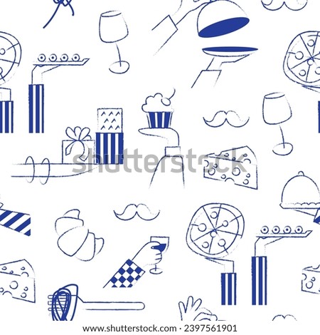 Seamless pattern with hand drawn elements doodles resturant. Italian French food set. Party catering cooking concept. Vector illustration modern style isolated on white background.