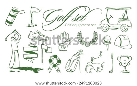 Golf equipment set logo icons sports gear for game. Golfer hits ball on golf course. Golf player, bags, putter, golfer, ball, hole, course, gloves. Vector illustration isolated on background