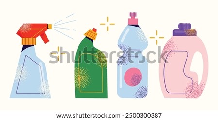 Set of cleaning tools and products. Equipment and accessories collection for cleaning home. Bucket, cleaning supplies, bottles, spray, brush, gloves. Housework concept. Vector illustration isolated