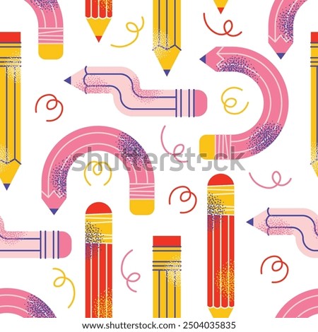 Seamless pattern with school supplies and education. Back to school kids education concept. Backpack, book, paints, ruler, pencil, brushes. Vector illustration isolated on background