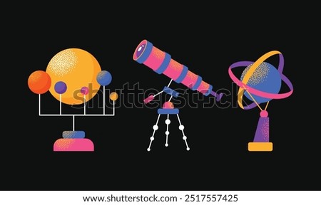 Astronomy Research Equipment set. Space planet, Earth, galaxy, observatories, astronomical telescope, spacecraft, cosmos science, minimal vector illustrations isolated on background