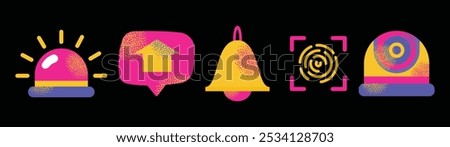 Colorful security system icons including lock, key, fingerprint, camera, and alarm symbols. Vector flat illustration isolated on background. Home security and surveillance concept for design 