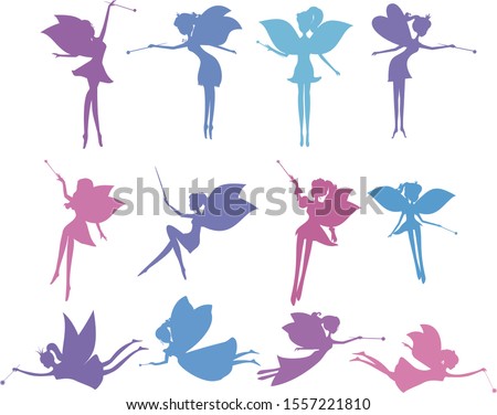 Set of silhouette fairies in cartoon style vector illustration isolated. Stencil fairy vector set. Collection of silhouette fairies with a magic wand fairy sitting, fairy standing, fairy flying.