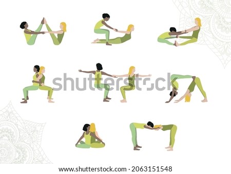 Two young women  practicing partner yoga. Vector yoga illustration. Set of yoga asanas for couple. Yoga with partner.