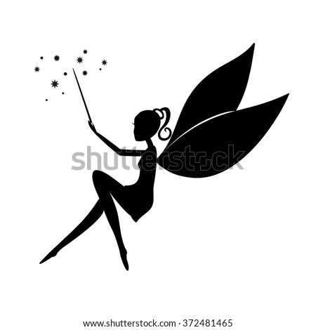 Fairy Black Silhouette With A Magic Wand. Fairy Sitting. Stencil Fairy ...