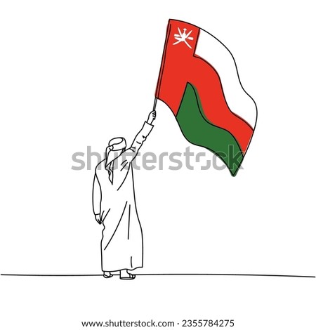 Illustration of an Arab man holding Oman flag line art. Oman National Day. Sultanate of Oman.