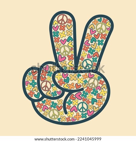 Icon, sticker in hippie style with floral V sign on a beige background with flowers, hearts and peace signs