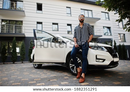 Image, Stock Photo Man standing near SUV car in summer countryside