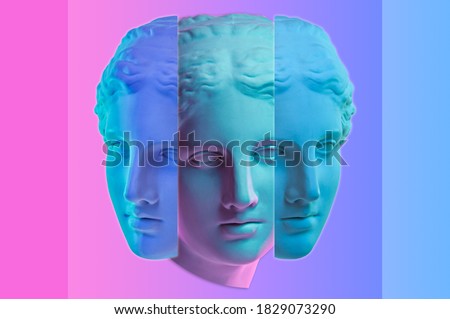 Statue of Venus de Milo. Creative concept colorful neon image with ancient greek sculpture Venus or Aphrodite head. Webpunk, vaporwave and surreal art style. Pink and blue duotone effects. Stok fotoğraf © 