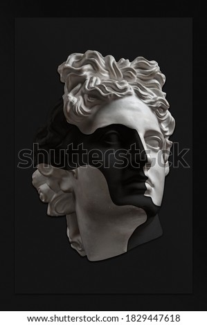 Collage with plaster antique sculpture of human face in a pop art style. Creative concept image with ancient statue head in black and white. Zine culture. Contemporary art style poster. Apollo bust.