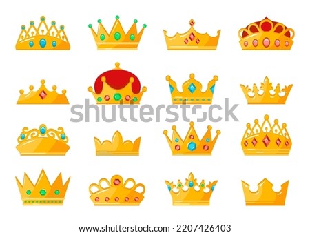 Crowns set. Golden royal jewelry symbol of king queen and princess. Sign of crowning prince authority. Crown jewels isolated on white background. Cartoon flat vector illustration