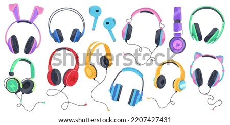 Set of headphones, audio equipment, wired and wireless earphones for music listening. Earbuds technology accessory for smartphone or dj isolated on white background. Cartoon vector illustration